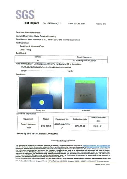SGS test report 2017, page 3, ZeTough ceramic coating certification summary