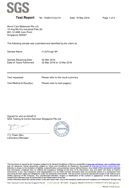SGS test report 2018, page 1, ZeTough ceramic coating verification