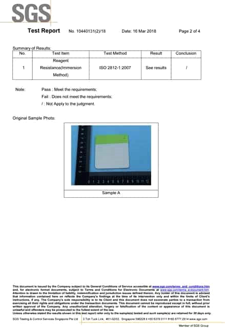SGS test report 2018, page 2, ZeTough ceramic coating reagent results
