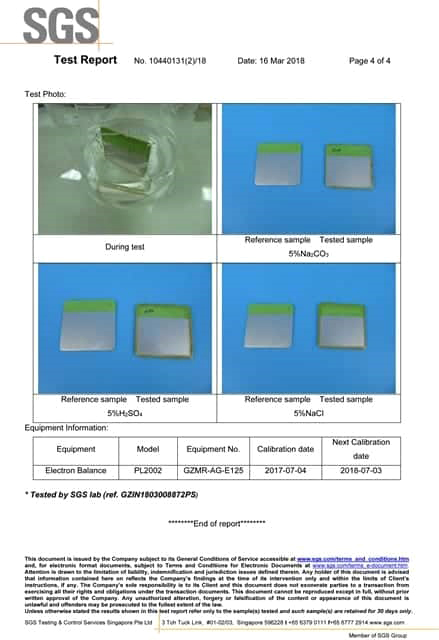 SGS test report 2018, page 4, ZeTough ceramic coating certification summary