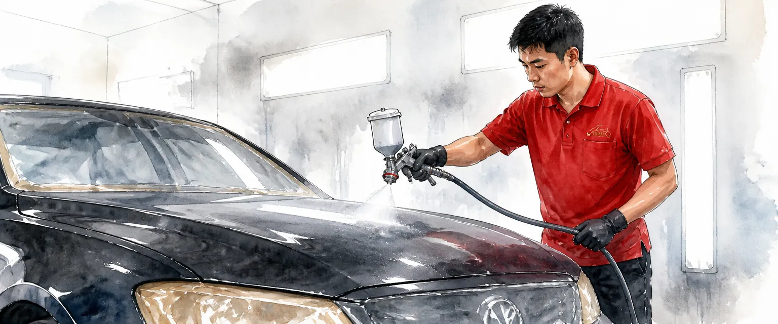 Watercolour illustration of a technician spraying fresh paint onto a car bonnet inside a bright spray booth.