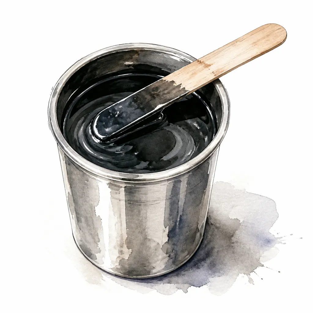 Watercolour close-up of a stainless steel paint mixing cup with a wooden stirring stick.