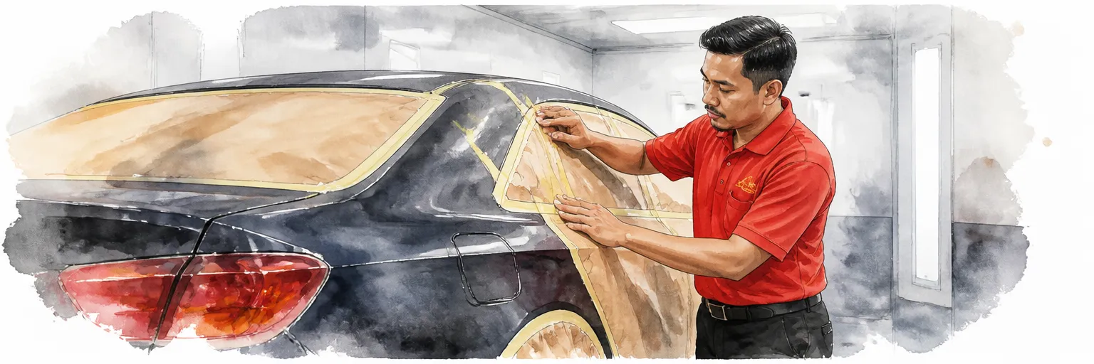 Watercolour illustration of a technician masking the rear roof pillar of a dark car before a respray.