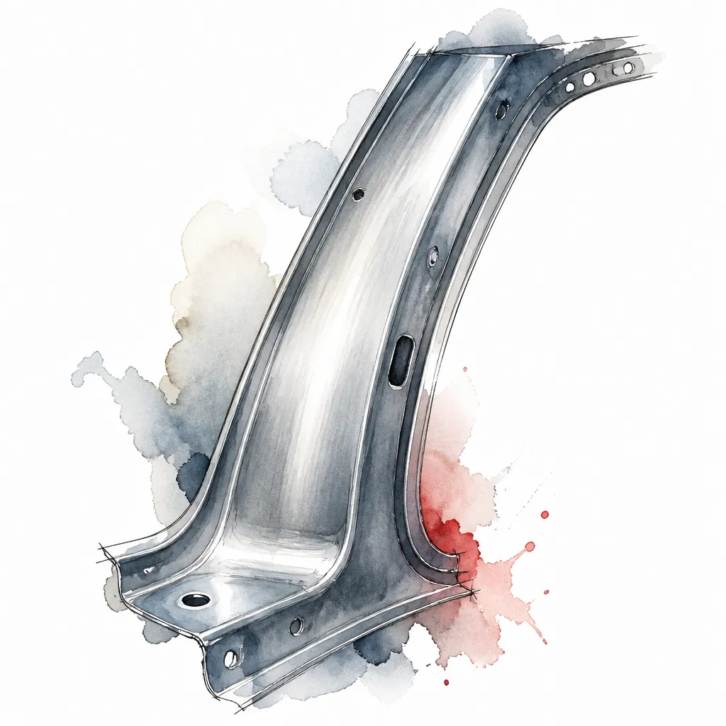 Watercolour close-up of a bare pressed steel car pillar section.