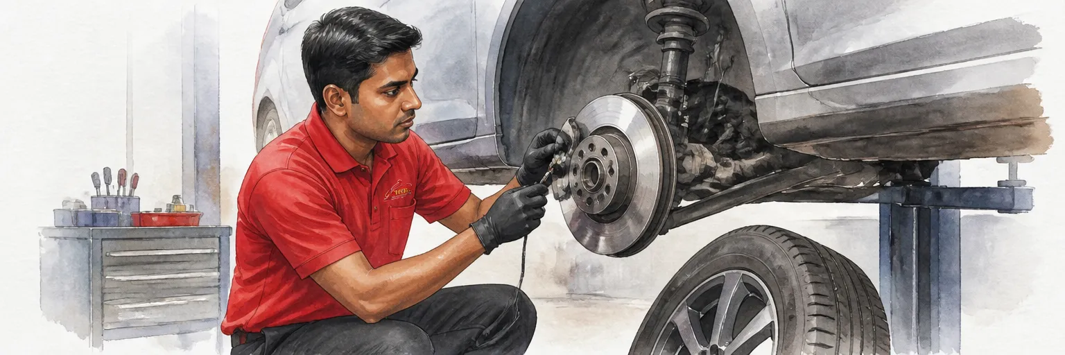 Watercolour illustration of a technician fitting a new wheel speed sensor on a raised car.