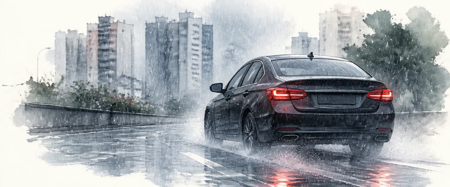 Watercolour illustration of a saloon braking on a rain slicked Singapore road in a heavy downpour.