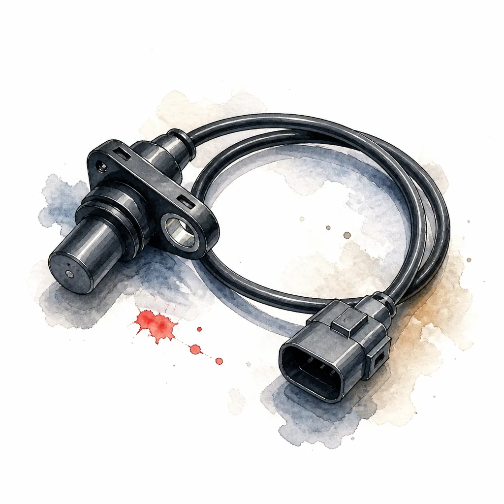 Watercolour close-up of a wheel speed sensor with its looped cable.