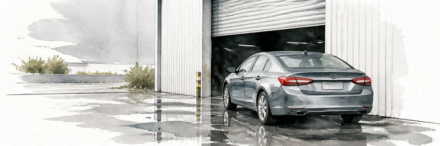 Watercolour illustration of a car with a creased rear bumper waiting outside a reporting bay on a wet morning.