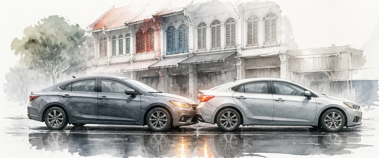 Watercolour illustration of two cars stopped nose to tail on a wet street after a minor knock.