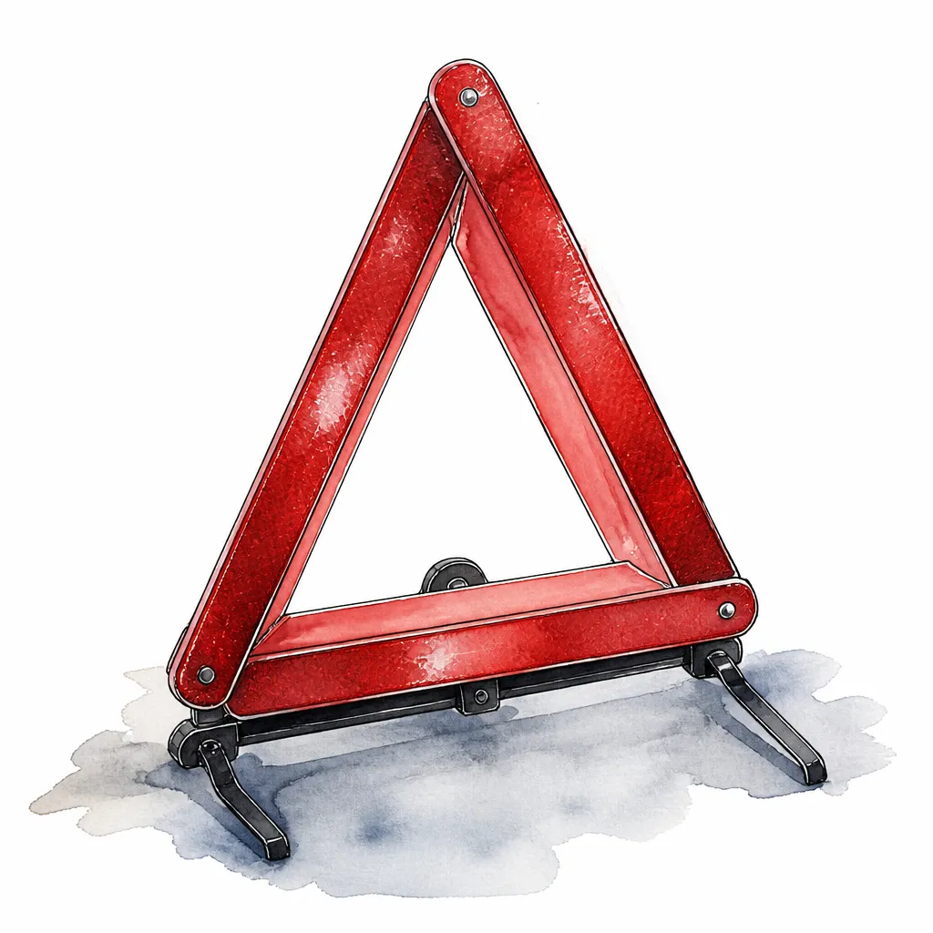 Watercolour close-up of a folded red breakdown warning triangle.