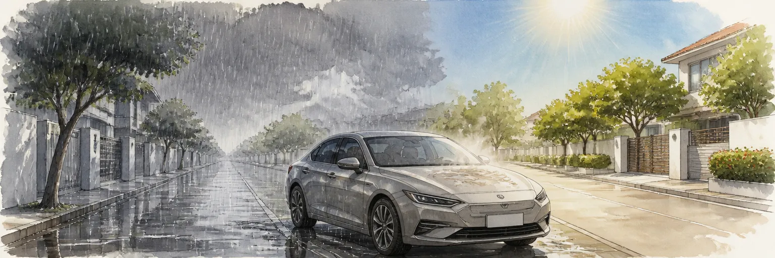 Watercolour scene of tropical rain on one side and harsh sun on the other with water drying on a car bonnet