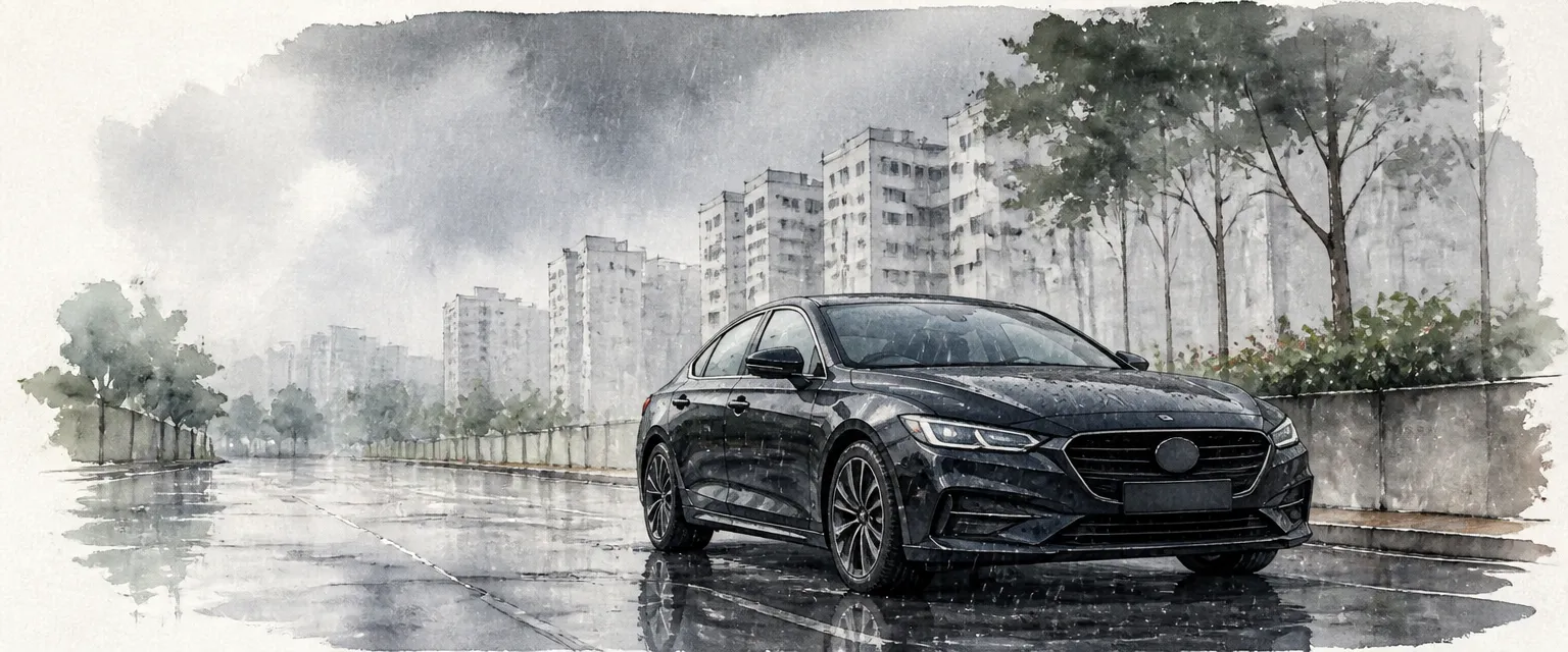 Watercolour illustration of a dark saloon parked on a rainy Singapore street with high-rise flats behind