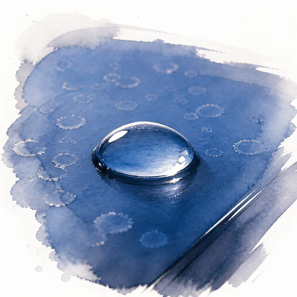 Watercolour close-up of a raindrop on blue car paint surrounded by faint etched rings