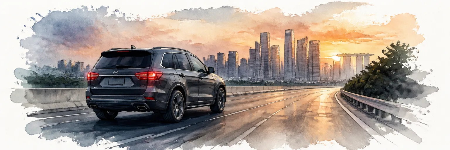 Watercolour illustration of a diesel SUV gliding along a Singapore expressway at dusk.