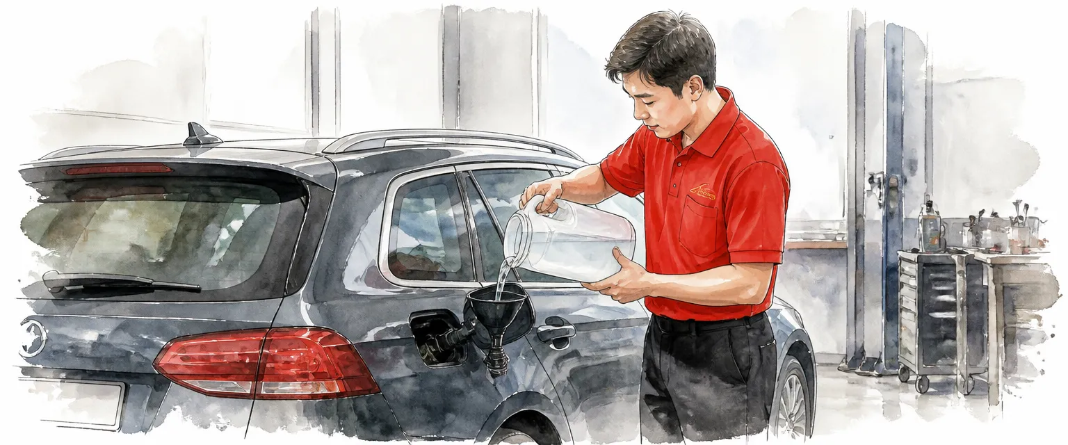 Watercolour illustration of a technician pouring exhaust fluid through a funnel into a car filler.