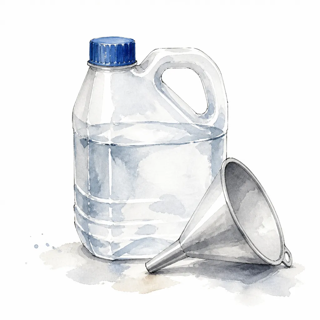 Watercolour close-up of a clear fluid jug with a plain blue cap and funnel.