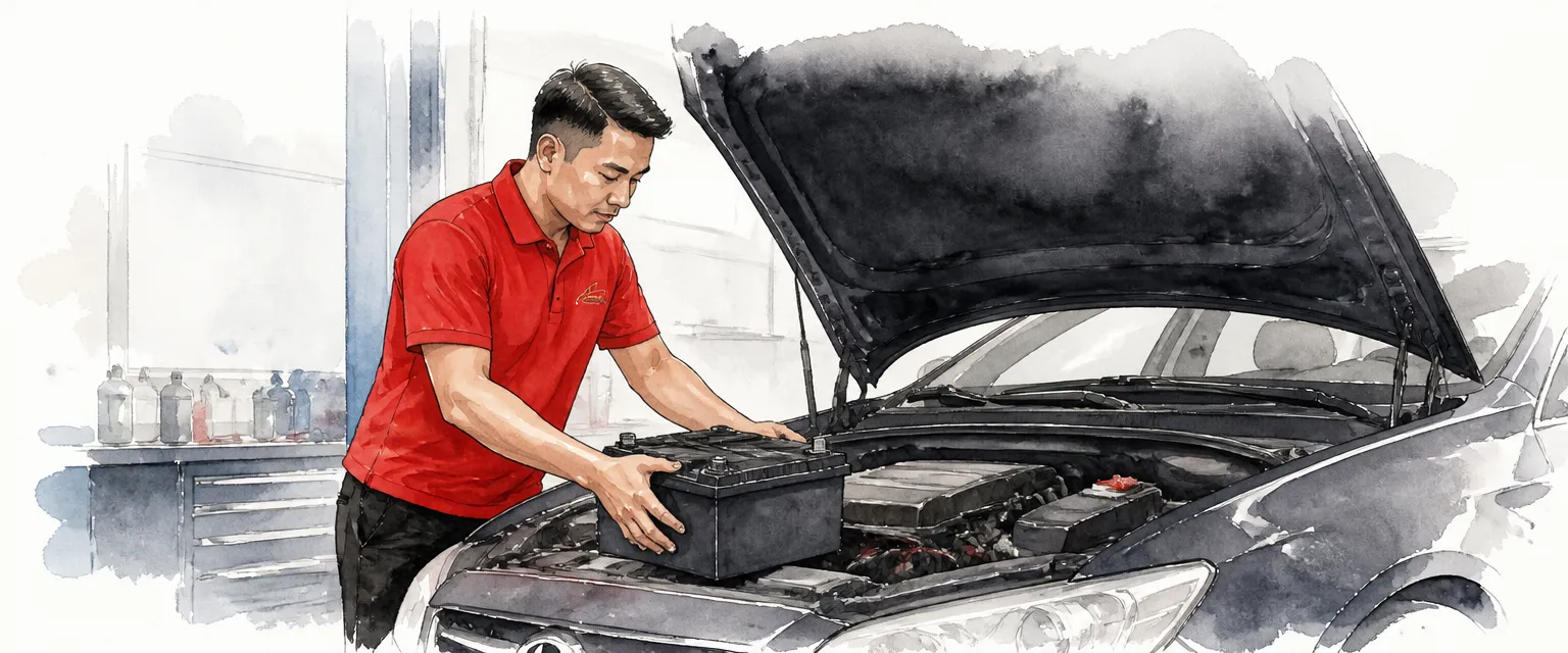 Watercolour illustration of a technician lowering a sealed battery into a car engine bay.