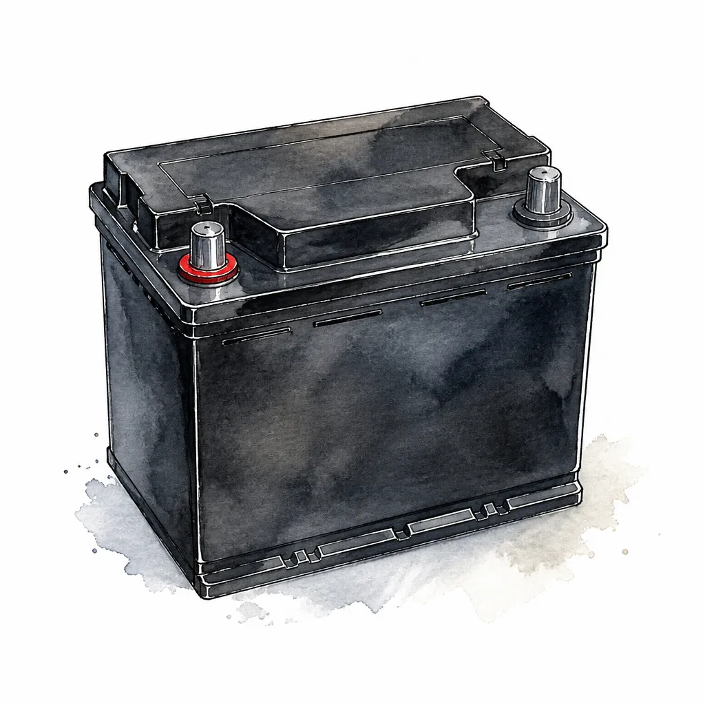 Watercolour close-up of a sealed black car battery with bare terminals.