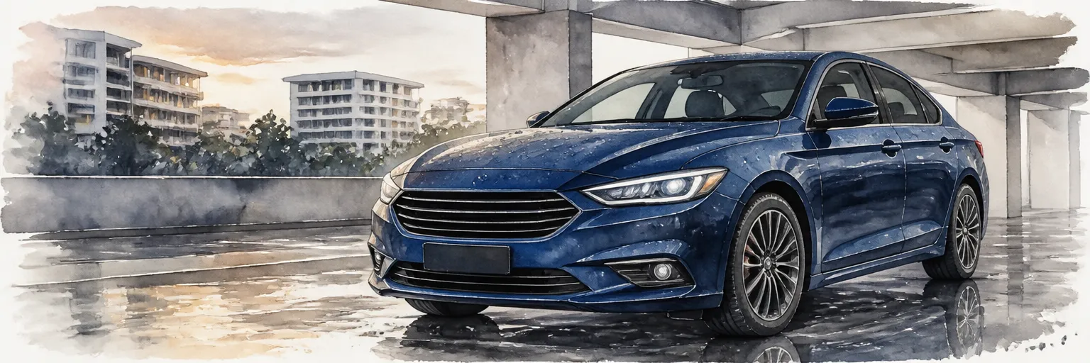 Watercolour illustration of a freshly washed blue saloon holding water in its panel gaps in an HDB carpark.