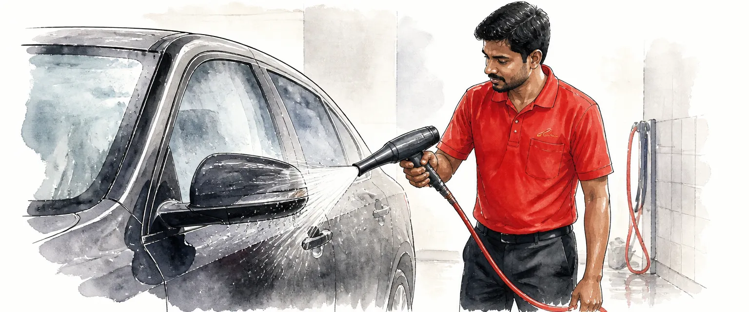 Watercolour illustration of a technician blowing water out of a car side mirror with an air blower.