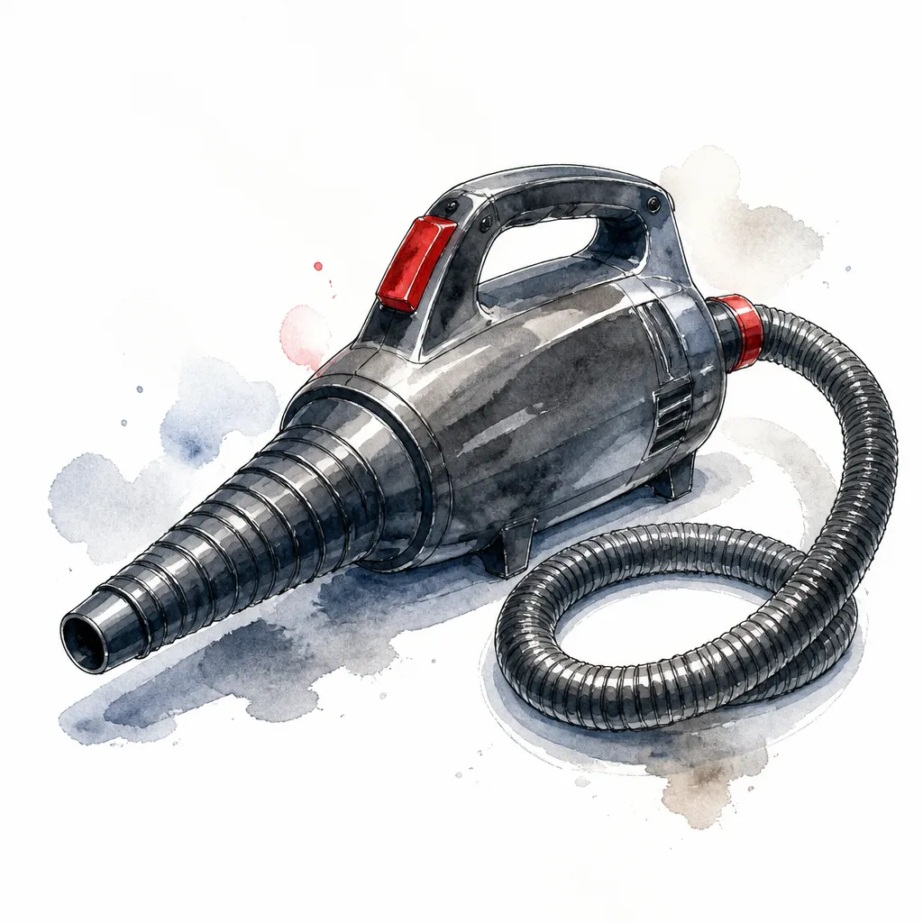 Watercolour close-up of a handheld car drying air blower with hose.