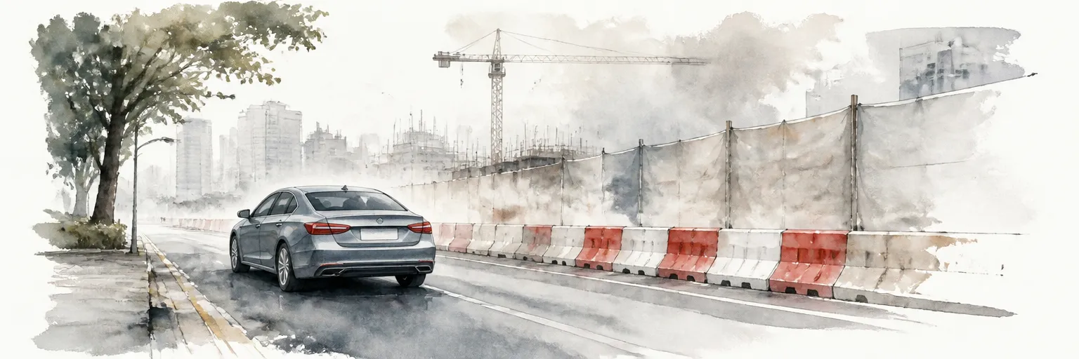 Watercolour illustration of a saloon passing dusty roadworks on a hazy Singapore street.