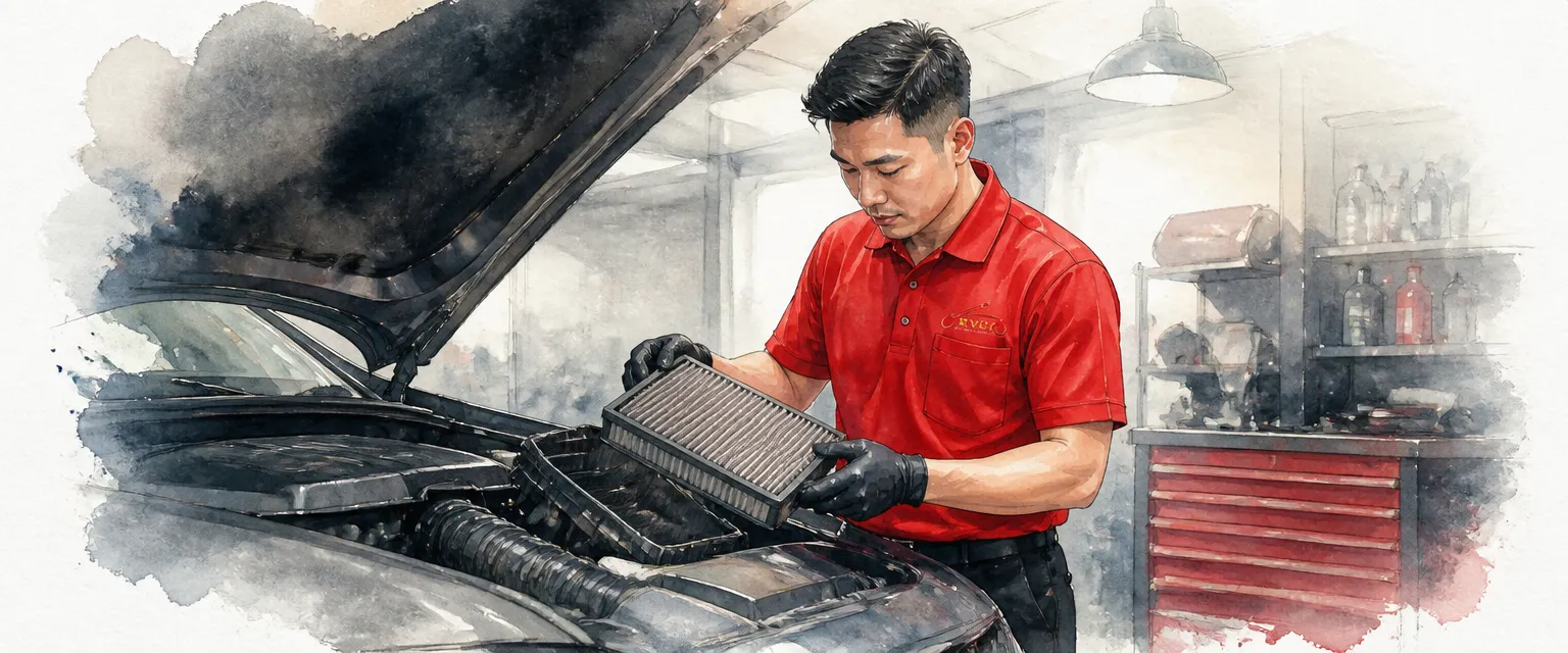 Watercolour illustration of a technician lifting a pleated air filter from an open airbox.