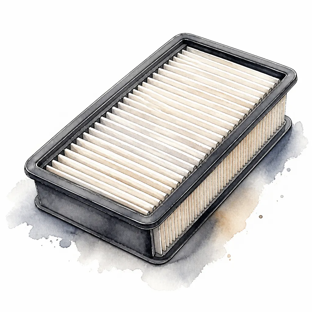 Watercolour close-up of a pleated engine air filter.