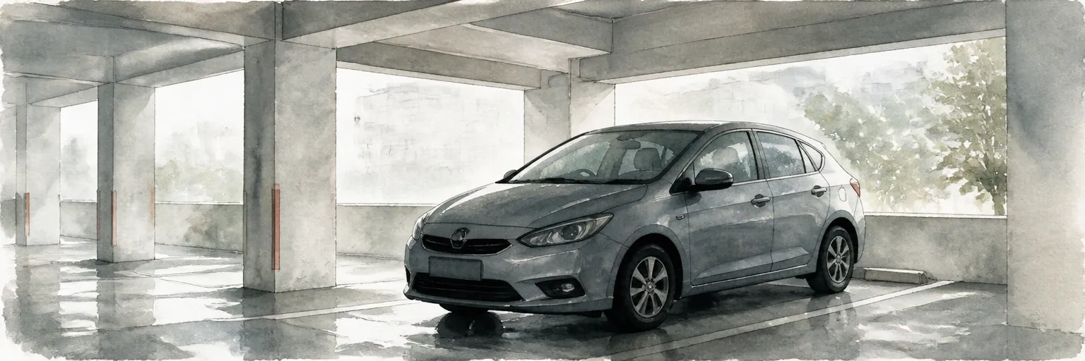 Watercolour illustration of a car parked in a misty HDB carpark on a humid morning.