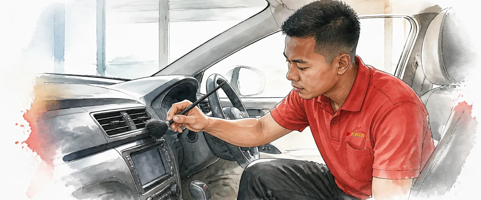 Watercolour illustration of a technician brushing dust from a car dashboard vent.