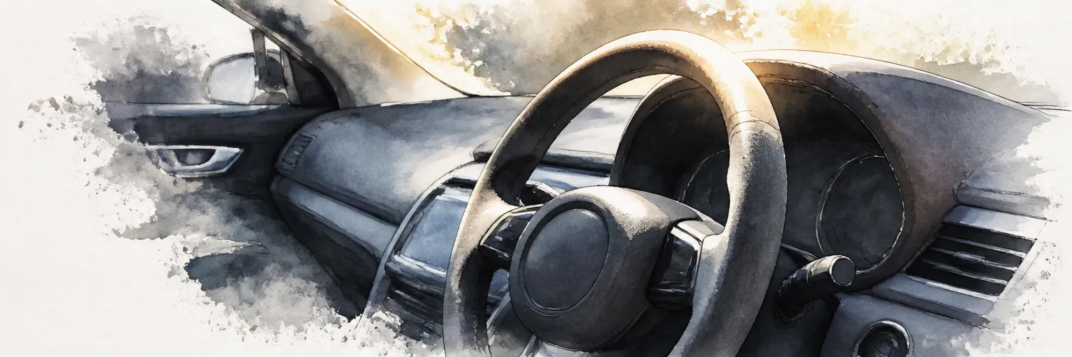 Watercolour illustration of hard sun falling across a suede steering wheel and dark dashboard.
