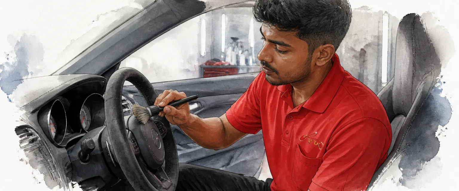 Watercolour illustration of a technician gently brushing a suede steering wheel in a detailing bay.