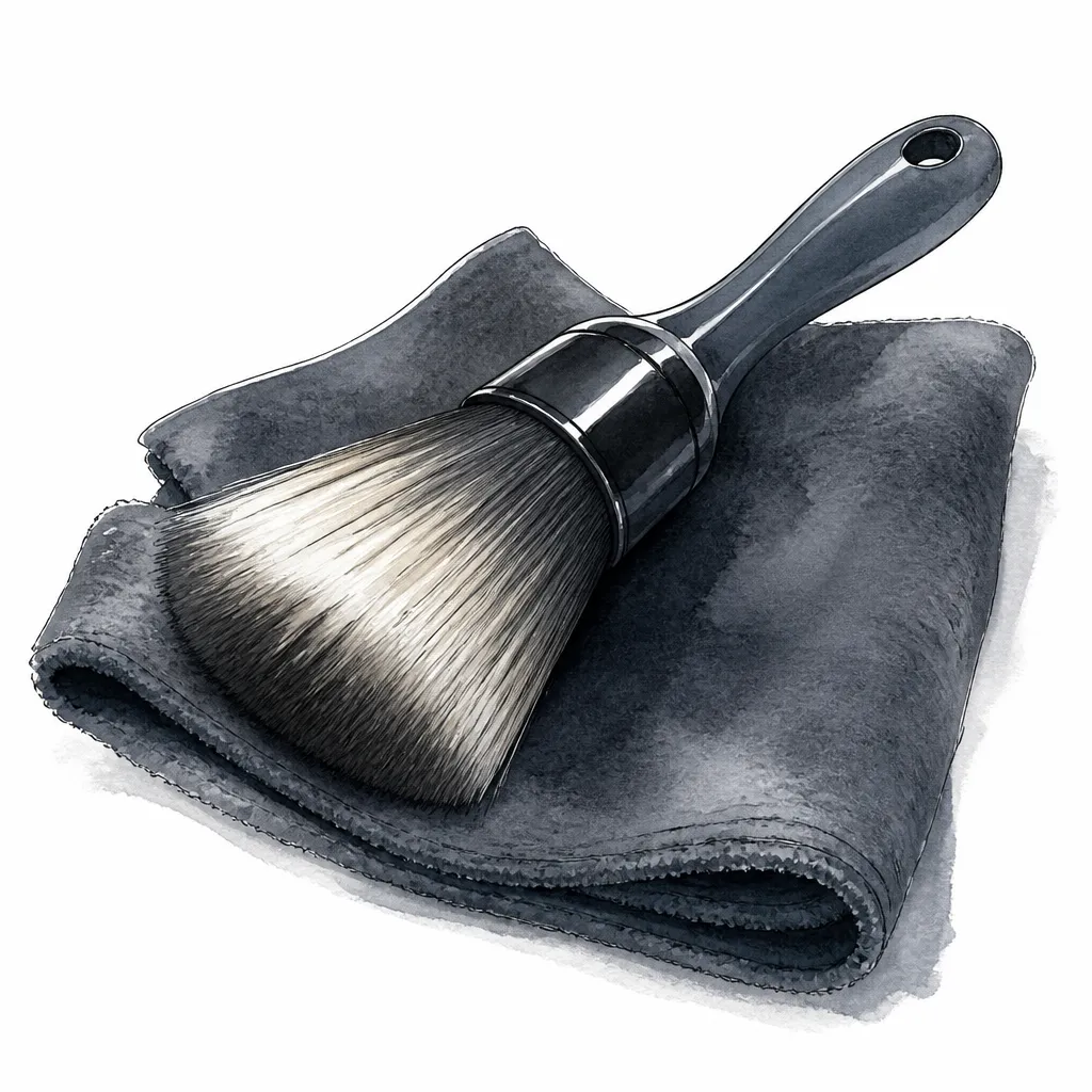 Watercolour close-up of a soft care brush resting on dark suede fabric.
