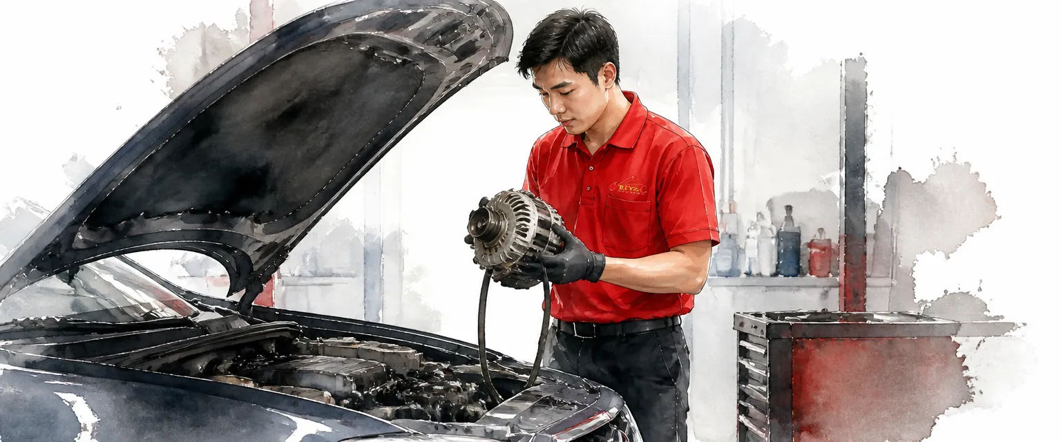 Watercolour illustration of a technician lifting an alternator out of a car engine bay.