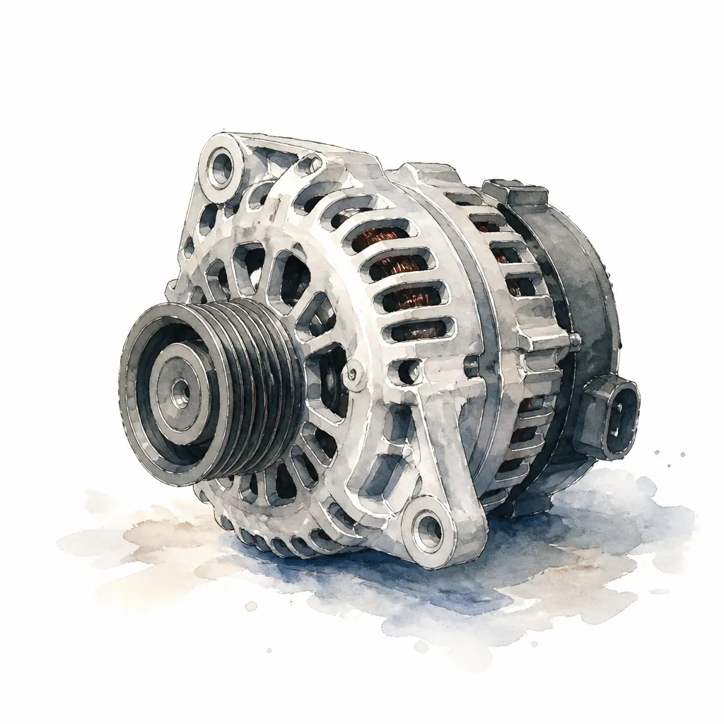 Watercolour close-up of an alternator with a ribbed pulley.