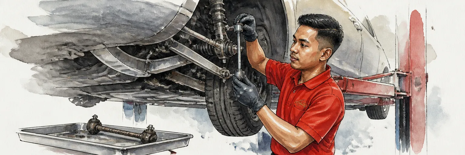 Watercolour illustration of a technician fitting a new stabiliser drop link under a raised car.