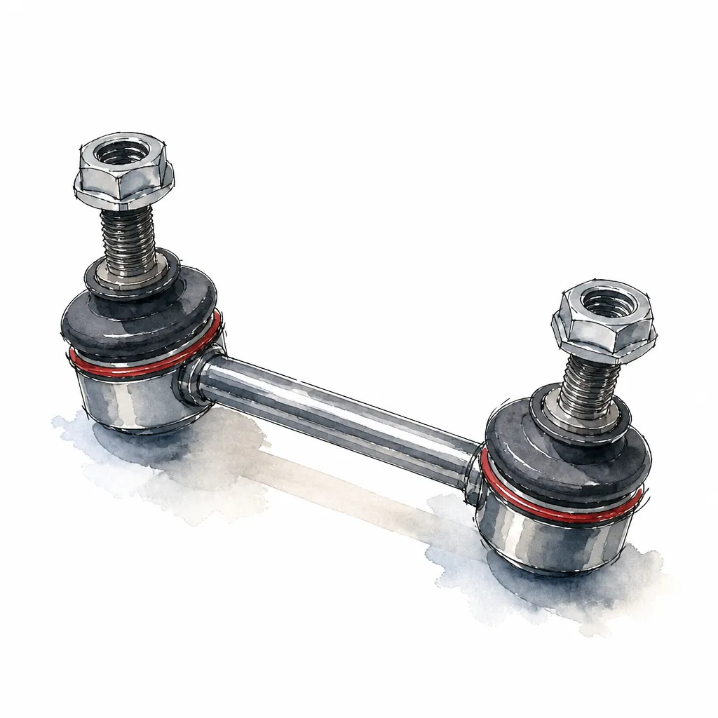 Watercolour close-up of a stabiliser drop link with rubber booted ends.