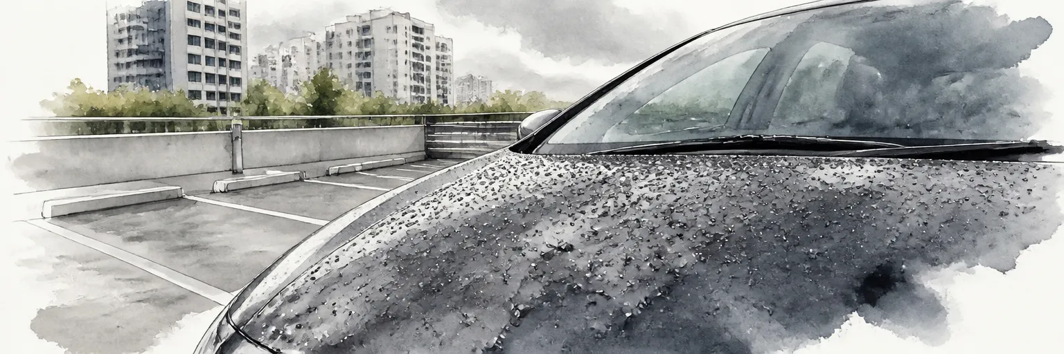 Watercolour illustration of rain beading in tight droplets across a protected dark bonnet.