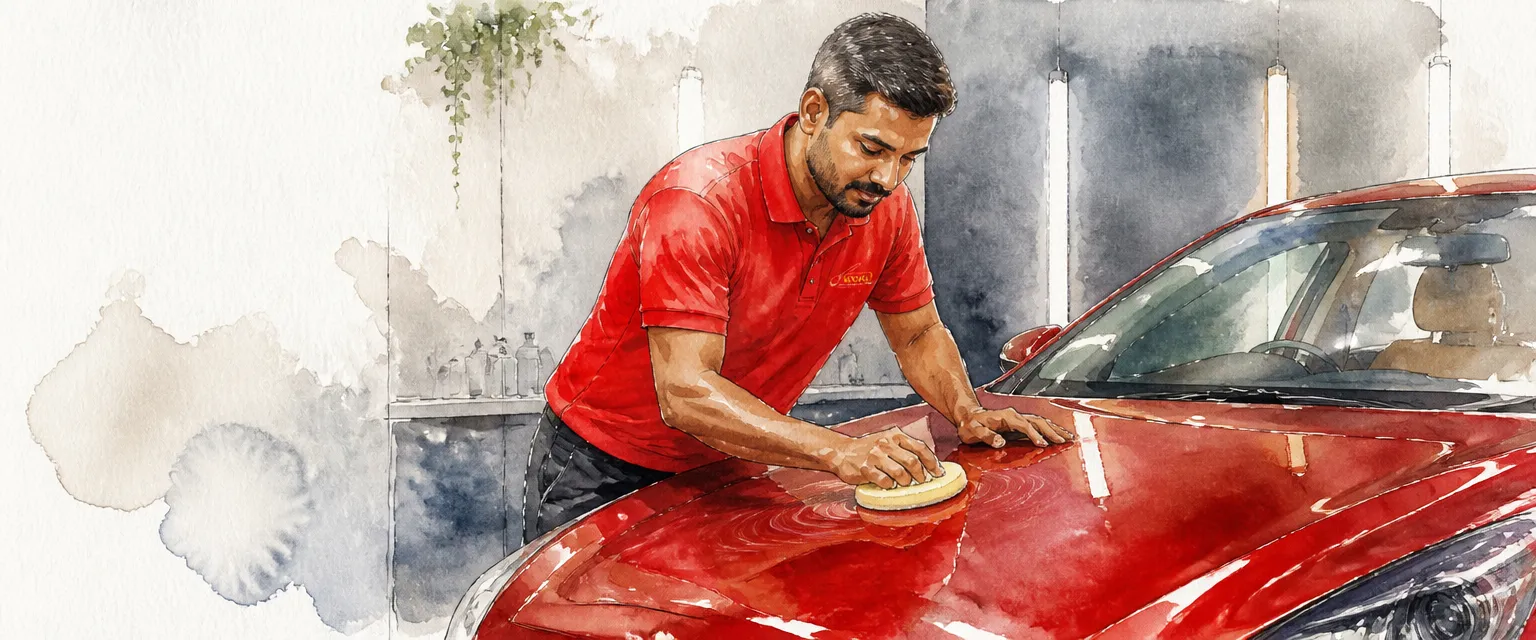 Watercolour illustration of a technician spreading wax on a red bonnet with a foam pad.