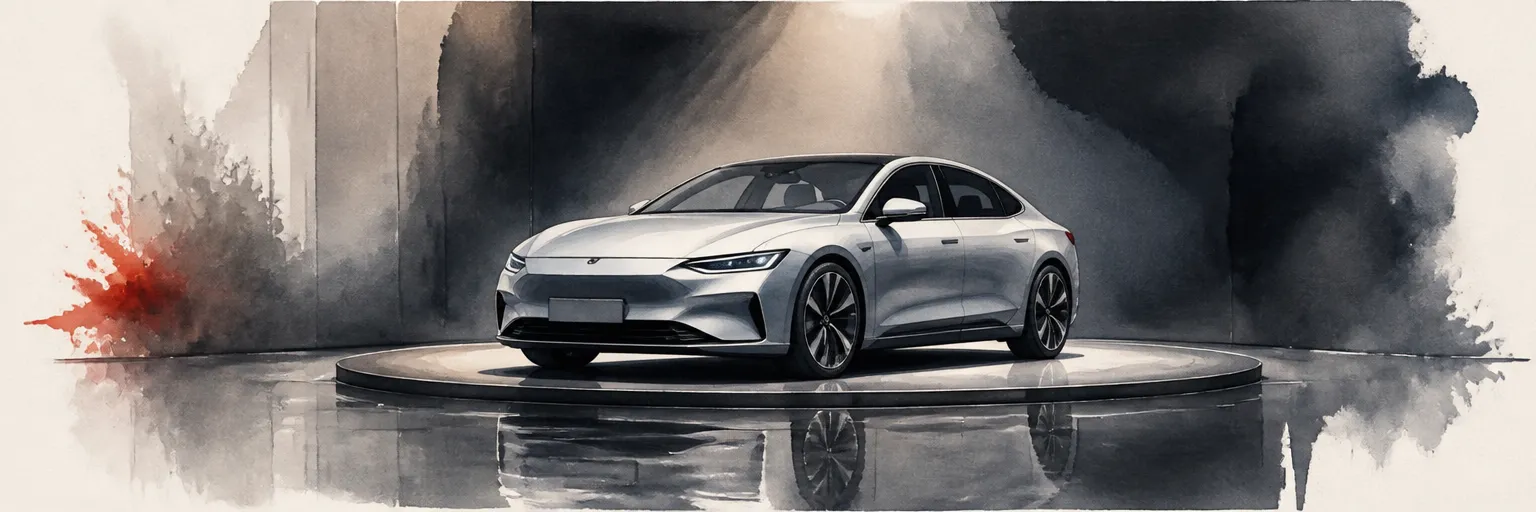 Watercolour illustration of a new car under a spotlight on a dark showroom turntable.