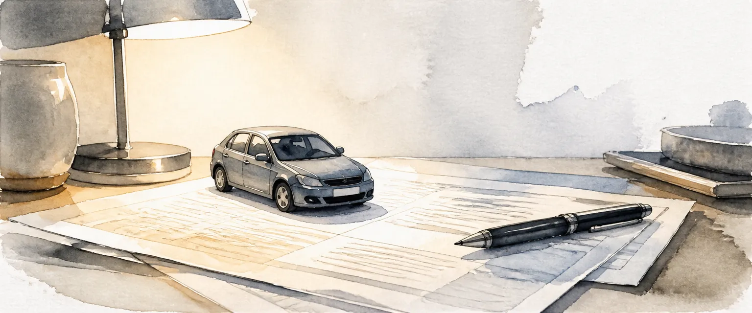 Watercolour illustration of a toy scale car parked on abstract tax paperwork in soft lamplight.