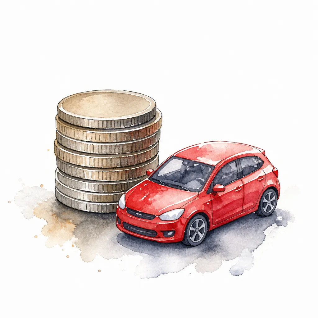 Watercolour close-up of a stack of plain coins beside a toy scale car.
