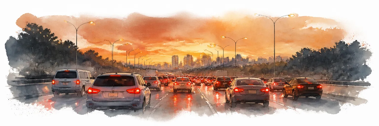 Watercolour illustration of dense evening traffic glowing through heat haze on a Singapore expressway.