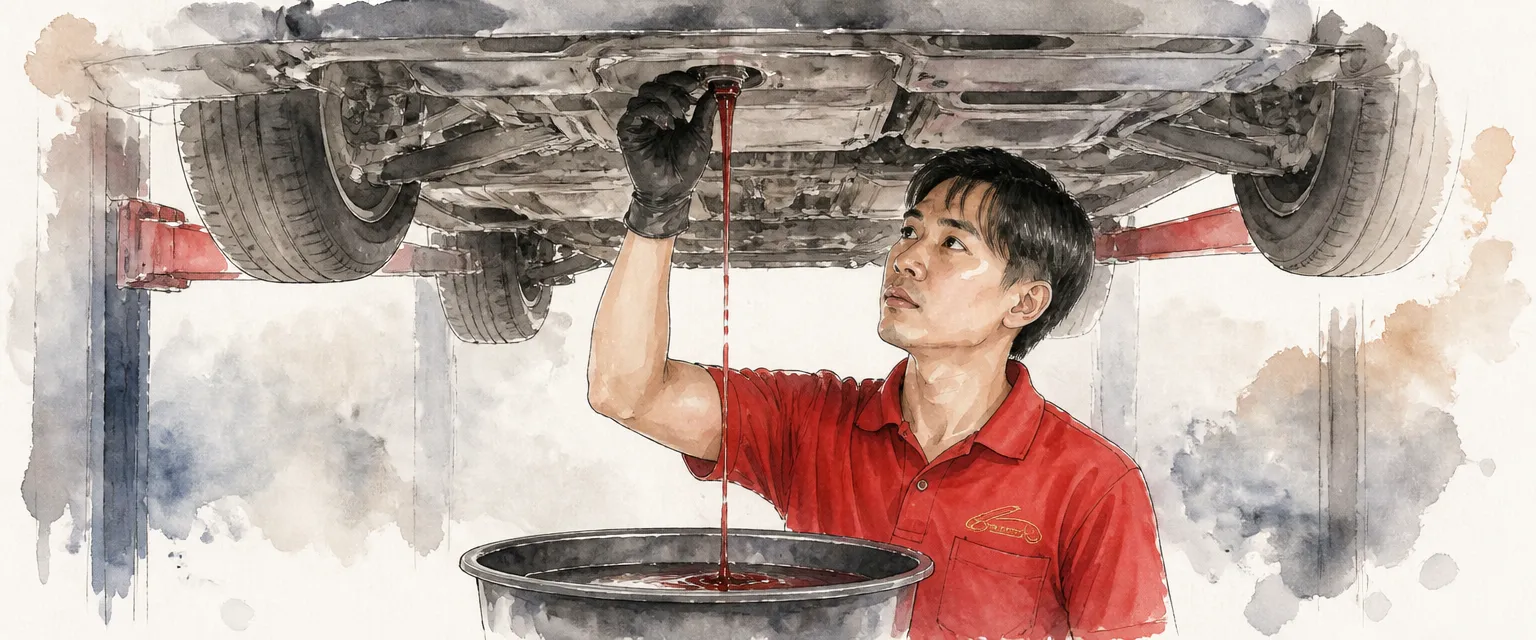 Watercolour illustration of a technician draining ruby red transmission fluid under a raised car.