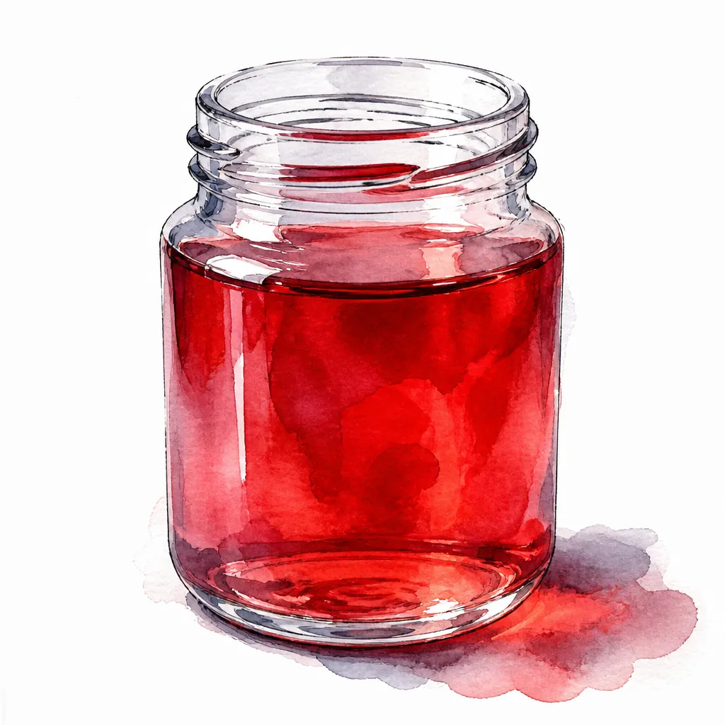 Watercolour close-up of a glass jar of ruby red fluid.