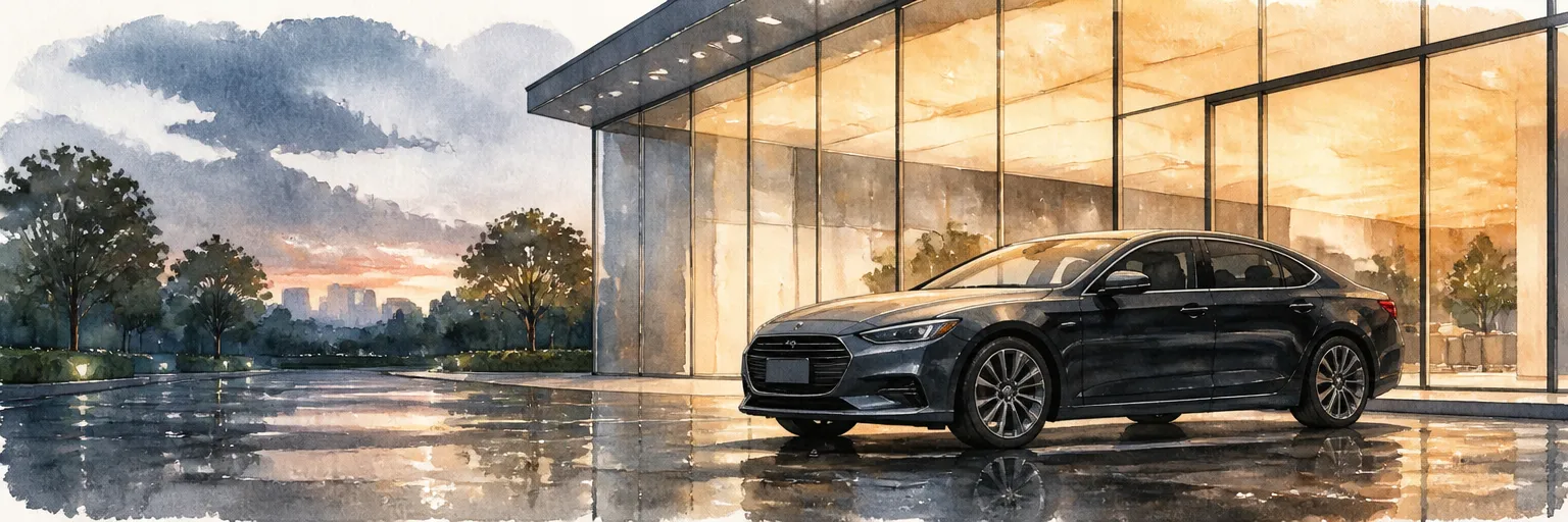 Watercolour illustration of a dark saloon parked beneath a glowing dealership facade at dusk.
