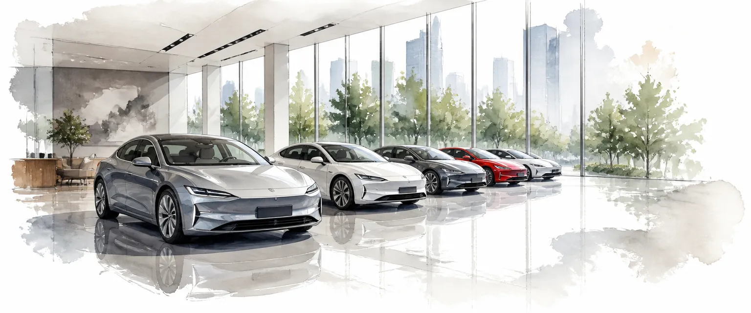 Watercolour illustration of gleaming cars lined up inside a bright glass walled showroom.
