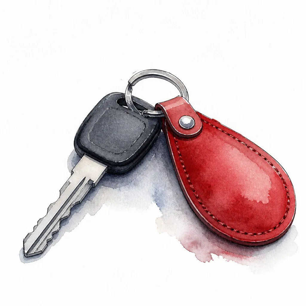 Watercolour close-up of a car key with a stitched leather fob.