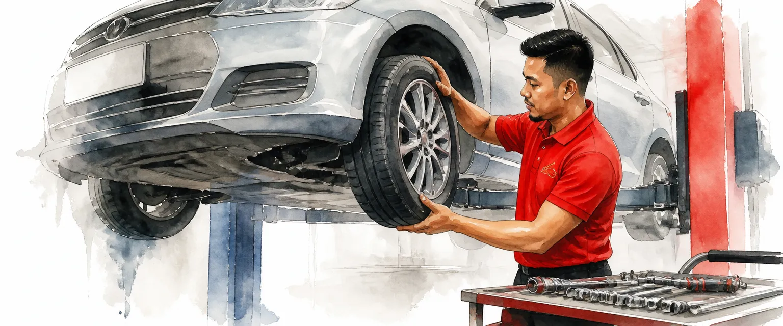 Watercolour illustration of a technician rocking a raised car wheel to feel for play.