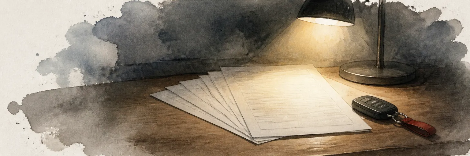 Watercolour illustration of abstract loan papers and a car key in a pool of lamplight.
